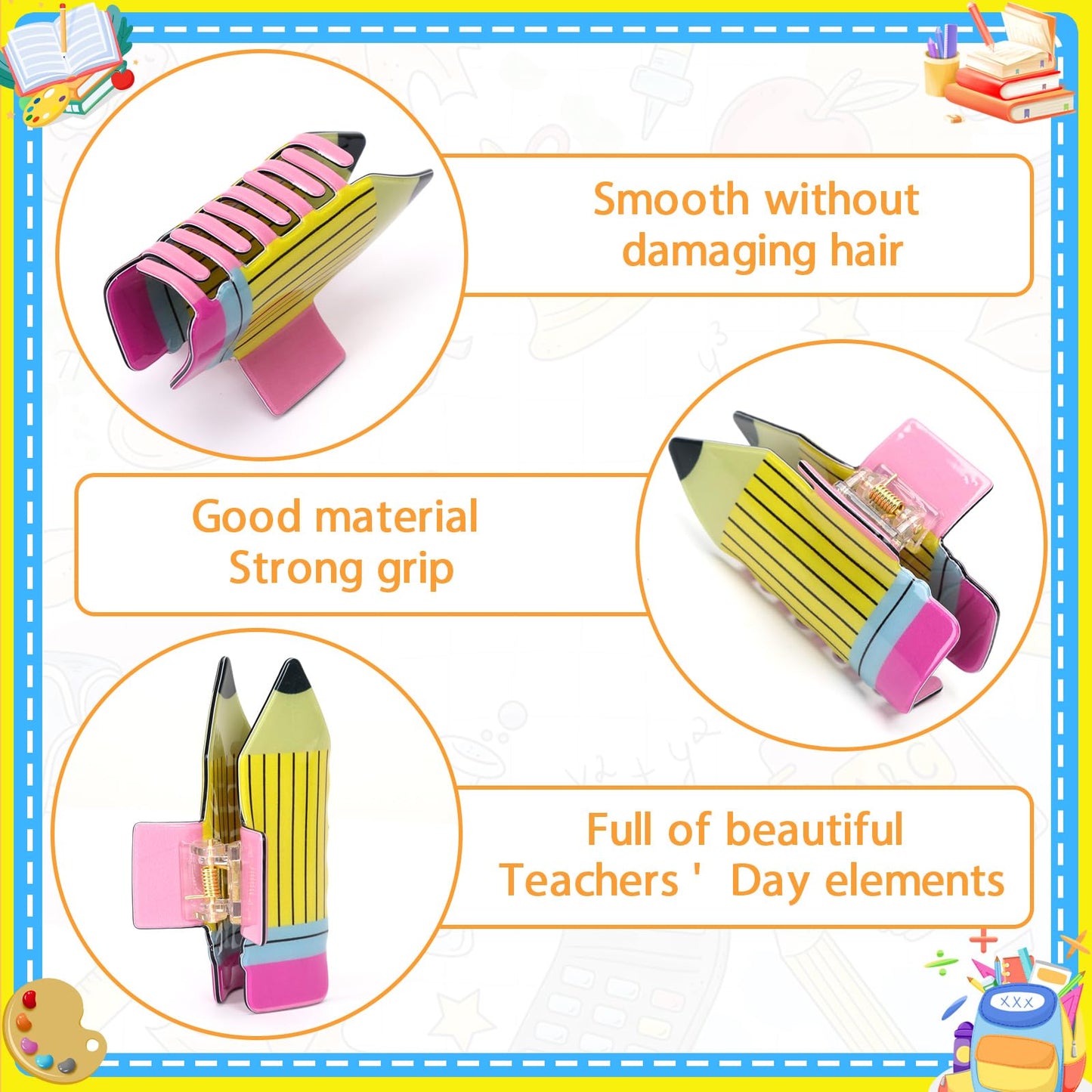 4PCS Pencil Hair Clips – Back-to-School Sunflower, Leopard & Stripe Hairpins